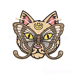 猫の頭のアップリケ  刺繍アイロン接着布パッチ  ミシンクラフト装飾  オリーブ  76x72mm