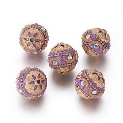 Perles Indonésiennes manuelles, avec les accessoires en alliage et chaîne en fer, ronde, or clair, support violet, 20x19.5mm, Trou: 2mm