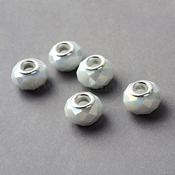 Verre electroplated perles européennes, Perles avec un grand trou   , avec des noyaux de cuivre, couleur argentée, jade d'imitation, facettes rondelle, blanc crème, 14x9.5mm, Trou: 5mm