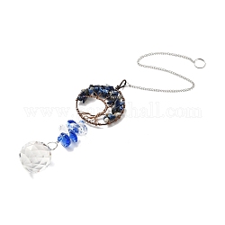 Lapis Lazuli Pendant Decoration, Hanging Suncatcher, with Brass Rings, Flat Round Alloy Frame and Iron Findings, Teardrop, Blue, 376x2mm, Hole: 10mm