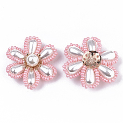 Cabujones de perlas de imitación de plástico ABS, con cuentas de semillas de vidrio y ajustes de disco perforado de latón chapado en oro, diamante de imitación, flor, rosa, 32~35x30~33x11~12mm
