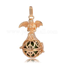 Golden Plated Brass Hollow Round Cage Pendants, with No Hole Spray Painted Brass Beads, Olive Drab, 45x25x24mm, Hole: 3x8mm