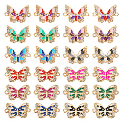 48Pcs 12 Styles Alloy Enamel Connector Charms, Butterfly Links with Crystal Rhinestone, Light Gold, Cadmium Free & Nickel Free & Lead Free, Mixed Color, 21~22x13~16x1.7~2mm, Hole: 1.6mm, 4pcs/style