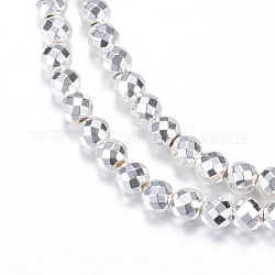 Electroplate Non-magnetic Synthetic Hematite Bead Strands, Round, Faceted, Silver Plated, 6mm, Hole: 1mm, about 65pcs/strand, 15.7 inch