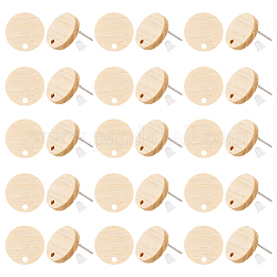 Olycraft 30Pcs Wood Stud Earring Finding, with Zinc Alloy Pin and Hole, Flat Round, with 30Pcs Plastic Ear Nuts, Blanched Almond, 15mm, Hole: 1.8mm, Pin: 0.9mm