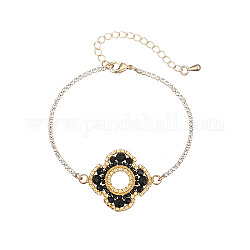 Glass Seed Beaded Flower Link Bracelet with Golden Stainless Steel Chains, Black, 6-3/4 inch(17cm)