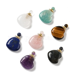 天然石の香水瓶ペンダント  エッセンシャルオイル用  香水  ゴールドトーンの真鍮のパーツとピペット付き  ハート  42x29~32x12~12.5mm  穴：1.5~1.8mm