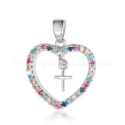 Brass Colorful Cubic Zirconia Pendants, Heart with Cross Charms, Platinum, 17x16x2.8mm