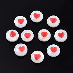 Perles de coquillages naturels d'eau douce, avec l'émail, plat et circulaire avec coeur, rouge, 8x4.5mm, Trou: 0.6mm