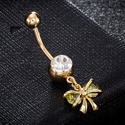 Brass Cubic Zirconia Navel Ring, Belly Rings, with 304 Stainless Steel Bar, Cadmium Free & Lead Free, Real 18K Gold Plated, Bowknot, Olive, 36x12mm, Bar: 15 Gauge(1.5mm), Bar Length: 3/8