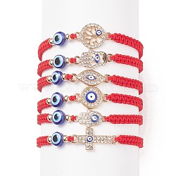 Ensemble de bracelets de perles tressées en résine mauvais œil de style 6pcs 6, Bracelets à maillons en forme d'arbre et de main de Hamsa et de strass en cristal pour femmes, rouge, 1-3/4~3-1/8 pouce (4.6~7.9 cm), 1pc / style