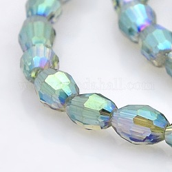 Full Rainbow Plated Glass Faceted Rice Beads Strands, Aqua, 6x4mm, Hole: 1mm, about 72pcs/strand, 16 inch