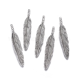 Tibetan Style Alloy Big Feather Pendants, Cadmium Free & Nickel Free & Lead Free, Antique Silver, 80x14x7mm, Hole: 6x3mm, 151pcs/1000g