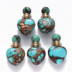 Coeur assemblé pendentifs de flacon de parfum ouvrants en bronzite naturelle et turquoise synthétique, avec les accessoires en laiton, teinte, or, capacité: 1 ml (0.03 oz liq.), 37.5~38.5x22x13mm, Trou: 1.8mm