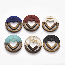 Colgantes de resina y madera de nogal, anillo con el corazón, color mezclado, 25x3mm, agujero: 1.8 mm