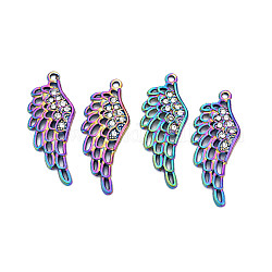 Rainbow Color Alloy Pendants, with Rhinestone, Cadmium Free & Lead Free, Wing, 43.5x17x3mm, Hole: 1.8mm