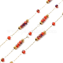 Catene di perline fatte a mano in ottone, con perline di vetro, con la bobina, senza saldatura, vero placcato oro 18k, arancio rosso, 9~9.5x2x2mm, circa 32.81 piedi (10 m)/rotolo