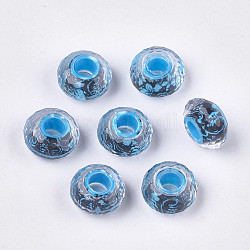 Perles européennes en alliage, Perles avec un grand trou   , facette, rondelle, motif de fleur, lumière bleu ciel, 14x8mm, Trou: 4.5~5mm