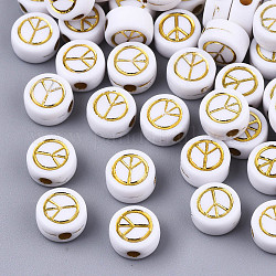 Perline acrilico opaco, piatta e rotonda con simbolo della pace, oro placcato, bianco, 7x4mm, Foro: 1.6 mm
