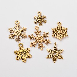 6pcs/set Tibetan Style Christmas Snowflake Pendants, Mixed Alloy Charms, Antique Golden, 17~28x13~22x1.5~2mm, Hole: 1~2mm
