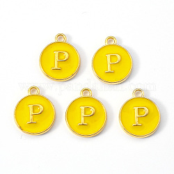 Breloques en émail d'alliage plaqué or, paillettes émaillées, plat rond avec la lettre, or, letter.p, 14x12x2mm, Trou: 1.5mm