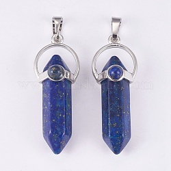 Natural Lapis Lazuli Double Terminated Pointed Pendants, with Brass Findings, Bullet, Platinum, Dyed, 38.5~40.5x14.5x13mm, Hole: 4x8mm