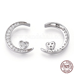 Rhodium Plated 925 Sterling Silver Micro Pave Cubic Zirconia Pendants, Moon with Heart Charms, Nickel Free, Real Platinum Plated, 15.5x12.5x3mm, Hole: 1.2mm