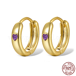 925 Sterling Silver Thick Hoop Earrings for Women, with Micro Pave Cubic Zirconia Heart, Real 18K Gold Plated, Blue Violet, 11x3mm