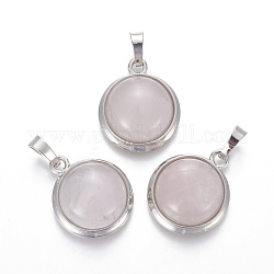 Pendentifs de quartz rose naturel, avec les accessoires en laiton, demi-rond, platine, 23~24x19~20x8~10mm, Trou: 8x5mm
