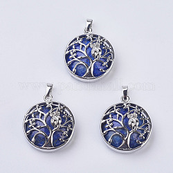 Natural Lapis Lazuli Pendants, with Brass Findings, Flat Round with Tree of Life, Platinum, 31~32x27x8~9mm, Hole: 5x7mm
