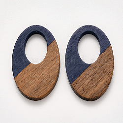 Pendenti in resina e legno di noce, cerato, ovale, blu di Prussia, 35.5x21.5x3~4mm, Foro: 16x10 mm