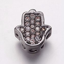 Perline in ottone zirconi, mano di hamsa / mano di fatima / mano di miriam, chiaro, canna di fucile, 9.5x8.5x4mm, Foro: 2 mm