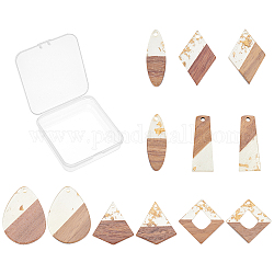 SUNNYCLUE Transparent Resin & Walnut Wood Pendants, with Foil, Waxed, Mixed Shapes, Gold, 12pcs/box
