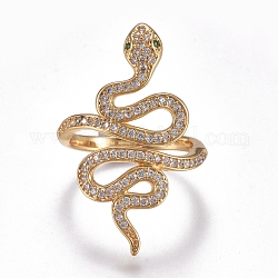 Brass Micro Pave Cubic Zirconia Cuff Rings, Open Rings, Wide Band Rings, Long-Lasting Plated, Snake, Golden, Size 7, Inner Diameter: 17mm