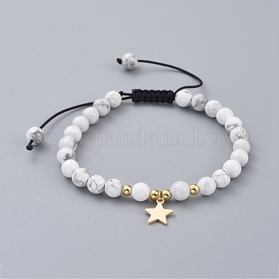 Adjustable Nylon Thread Braided Bead Bracelets, with Natural Howlite Beads,  Brass Charms and Beads, Star, 2-1/8 inch~3-3/8 inch(5.5~8.5cm)