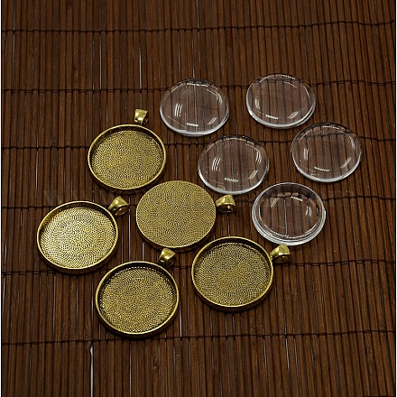 30mm Clear Glass Cabochons and Nickel Free Antique Golden Metal Alloy Pendant Cabochon Settings DIY-X0149-AG-NF-1
