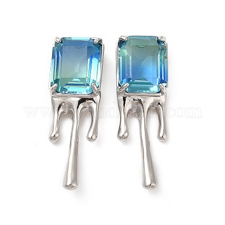 Boucles d'oreilles puces rectangle verre fondant bleu ciel EJEW-P221-39P-1