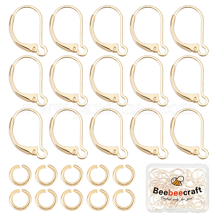 Beebeecraft 1 Box 40Pcs Leverback Earring Findings 18K Gold Plated French Earring Hooks 16x12x2mm Interchangeable Dangle Ear Wire Findings with 40Pcs Open Jump Rings for Jewellery Making DIY-BBC0001-71G-1