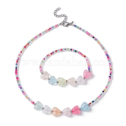 Collier de perles de coeur et de graines en acrylique et bracelet extensible SJEW-JS01280-1