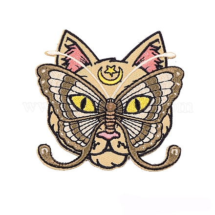 猫の頭のアップリケ  刺繍アイロン接着布パッチ  ミシンクラフト装飾  オリーブ  76x72mm PW-WG33527-01-1