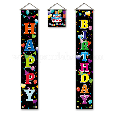 SUPERDANT 3 Pcs/Set Happy Birthday Banner Door Hanging Cake Balloon Banner Flag Hanging Decorations Couplet Sign Set for Birthday Party Birthday Decoration 180x30 cm HJEW-WH0023-030-1