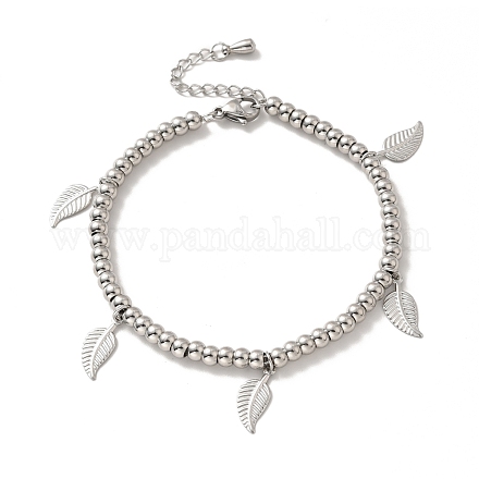 304 braccialetto con ciondoli a foglia in acciaio inossidabile con 201 perle tonde in acciaio inossidabile da donna BJEW-B057-18P-1