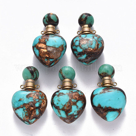 Coeur assemblé pendentifs de flacon de parfum ouvrants en bronzite naturelle et turquoise synthétique G-R484-01B-1