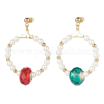 Orecchini a bottone pendenti con anello di perle di conchiglia e vetro colorato EJEW-TA00095-1