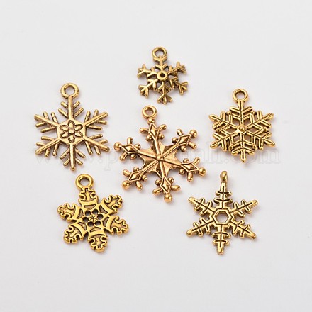 6PCS /設定チベットスタイルのクリスマス雪の結晶のペンダント  混合合金チャーム  アンティーク黄金  17~28x13~22x1.5~2mm  穴：1~2mm TIBEP-X0119-AG-1