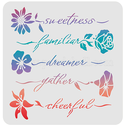 FINGERINSPIRE Spring Flower and Word Art Stencil Template 30x30cm Reusable Sweetness Familiar Dreamer Gather Cheerful Plant Decoration Painting Stencils for Wood Floor Wall Fabric DIY-WH0172-470-1