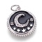 Brass Micro Pave Cubic Zirconia Pendants, with Enamel, Flat Round with Moon and Star, Platinum, Black, 18x16.5x2mm, Hole: 3.5mm