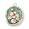 Brass Micro Pave Clear Cubic Zirconia Pendants, with Enamel, Oval with Flower Charms, with ABS Imitation Pearl, Turquoise, 23x17.5x4.5mm, Hole: 1.6mm