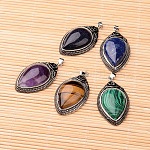 Natural & Synthetic Mixed Stone Pendants, with Brass Findings, teardrop, Antique Silver, 48x27x10mm, Hole: 6x3.5mm