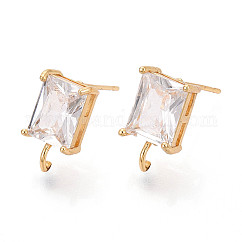 Latón con fornituras para aretes de circonio cúbico, Sin cadmio y níque y plomo, Rectángulo, con bucles abiertos verticales, real 18k chapado en oro, Claro, 12x7mm, agujero: 1.6 mm, pin: 0.9 mm